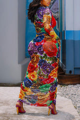 Red Elegant Patchwork Print Floral Patchwork Fold Printing Strapless Printed Dress Dresses