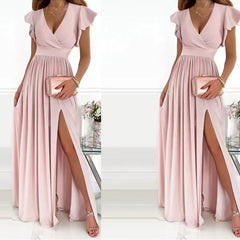 Solid Color V-Neck Short Sleeve Casual Maxi Dress