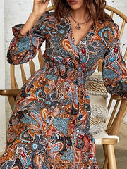 Women's Casual Dress Ethnic Dress Swing Dress Floral Paisley Ruffle Print V Neck Midi Dress Vintage Ethnic Outdoor Date Long Sleeve Loose Fit Blue Spring Fall S M L XL XXL