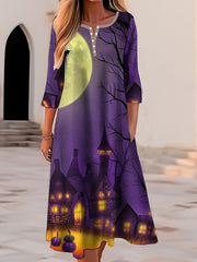 Women's Halloween Dress Casual Dress Print Dress Spring Dress Graphic Button Pocket Crew Neck Midi Dress Fashion Streetwear Outdoor Long Sleeve Regular Fit Yellow Navy Blue Royal Blue