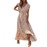Summer Beach Maxi Dress Women Floral Print Boho Long Dress Ruffles Wrap Casual V-Neck Split Sexy Party Dress