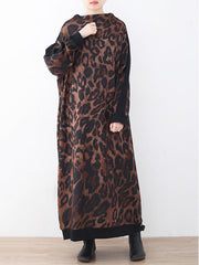 Vintage Leopard Print Knitted Loose High-Neck Dress