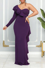 Purple Elegant Formal Plain Patchwork Flounce One Shoulder Evening Dress Dresses