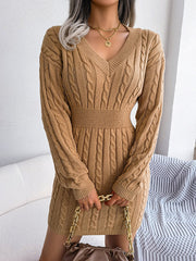 High Waisted Long Sleeves Solid Color V-Neck Mini Dresses Sweater Dresses