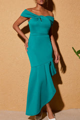Malachite Green Sexy Celebrities Formal Solid Asymmetrical Off the Shoulder Evening Dress Dresses
