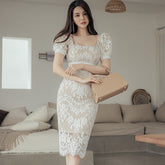Elegant Summer Lace Dress Women's Sheath Crochet Hollow Out Casual Work Bodycon Pencil Vestido Dress