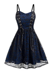Women's Halloween Dress Vintage Retro Vintage Dress Midi Dress Outdoor Lace Drawstring Skull Spaghetti Strap Sleeveless Regular Fit Summer Spring 2023 Black Grey Black and Blue S M L XL