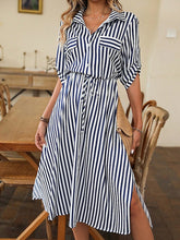 Women's Casual Dress A Line Dress Print Dress Stripe Button Drawstring Shirt Collar Midi Dress Active Fashion Outdoor Street Half Sleeve Loose Fit Blue Fall Winter S M L XL XXL