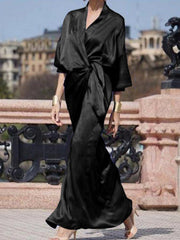 Half Sleeves Loose Solid Color V-Neck Maxi Dresses