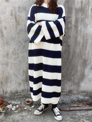 Stylish Loose Striped Round-Neck Sweater Dresses
