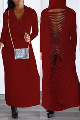 Black Casual Solid Slit Hooded Collar Long Sleeve Dresses