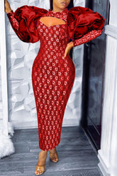 Red Sexy Patchwork Hollowed Out Half A Turtleneck Evening Dress Dresses