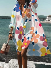 High-Low Long Sleeves Floral Printed Lapel Midi Dress Shirt Dress