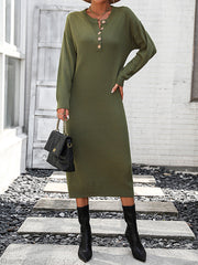 Long Sleeves Loose Buttoned Split-Joint Round-Neck Midi Dresses Sweater Dresses