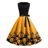 Women's Retro 1950s Vintage Dress Midi Dress Halloween Daily With Belt Bow Skull Crew Neck Sleeveless Regular Fit Spring Fall 2023 Light Yellow Dark Yellow S M L XL