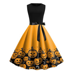 Women's Retro 1950s Vintage Dress Midi Dress Halloween Daily With Belt Bow Skull Crew Neck Sleeveless Regular Fit Spring Fall 2023 Light Yellow Dark Yellow S M L XL