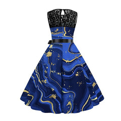 Women's Retro 1950s Vintage Dress Midi Dress Halloween Holiday Lace Patchwork Ombre Crew Neck Sleeveless Regular Fit Spring Fall 2023 Deep Purple Navy Blue S M L XL