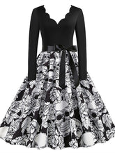 Women's Halloween Dress Swing Dress Knee Length Dress White Black Gray Pink Yellow Red Long Sleeve Floral Skull Skeleton Ruched Print Fall Winter V Neck Casual Vintage 2023 S M L XL XXL 3XL