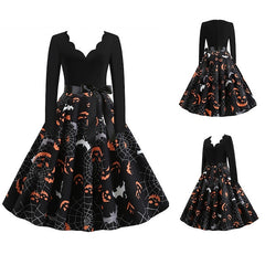 Women's Halloween Dress Retro 1950s Vintage Dress Midi Dress Holiday With Belt Bow Pumpkin V Neck 3/4 Length Sleeve Regular Fit Spring Fall 2023 Black S M L XL