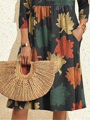 Women's Casual Dress Print Dress Spring Dress Leaf Pocket Print Crew Neck Midi Dress Fashion Streetwear Outdoor Daily 3/4 Length Sleeve Loose Fit Dark Gray Spring Fall S M L XL XXL