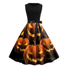 Women's Retro 1950s Vintage Dress Midi Dress Halloween Daily With Belt Bow Skull Crew Neck Sleeveless Regular Fit Spring Fall 2023 Light Yellow Dark Yellow S M L XL