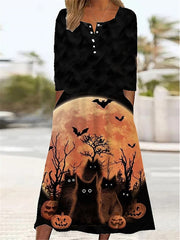 Women's Halloween Dress Casual Dress Print Dress Spring Dress Graphic Button Pocket Crew Neck Midi Dress Fashion Streetwear Outdoor Daily Long Sleeve Regular Fit Light Yellow Black Yellow