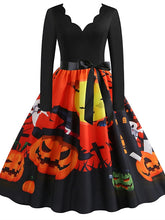 Women's Halloween Dress Swing Dress Knee Length Dress Black Blue Purple Yellow Orange Red Long Sleeve Abstract Pumpkin Ghost Bow Print Fall Winter V Neck Stylish Vintage 2023 S M L XL XXL 3XL