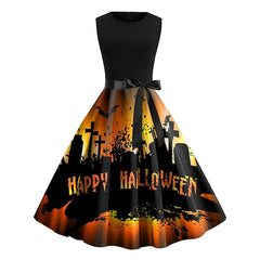 Women's Retro 1950s Vintage Dress Midi Dress Halloween Daily With Belt Bow Skull Crew Neck Sleeveless Regular Fit Spring Fall 2023 Light Yellow Dark Yellow S M L XL