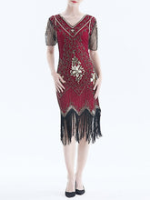 Women's Halloween Dress Retro 1920s Fringe Dress Midi Dress Party Outdoor Sequins Tassel Fringe Floral V Neck Short Sleeve Regular Fit Summer Spring 2023 Black Golden S M L XL