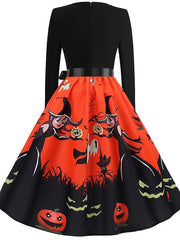 Women's Halloween Dress A Line Dress Knee Length Dress White Blue Orange Long Sleeve Print Pumpkin Ghost Patchwork Bow Print Fall Winter V Neck Hot Elegant Vintage Slim 2023 S M L XL XXL