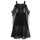 Women's Plus Size Retro Gothic Vintage Dress Long Dress Maxi Dress Halloween Holiday Patchwork Drawstring Plain Spaghetti Strap 3/4 Length Sleeve Regular Fit Spring Fall 2023 Black Wine S M L XL