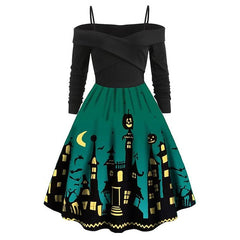 Women's Halloween Dress Retro 1950s Vintage Dress Midi Dress Party Ruched Ruffle Pumpkin Spaghetti Strap Long Sleeve Regular Fit Fall Winter 2023 Black Red S M L XL