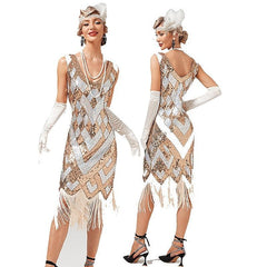 Women's Retro 1920s Fringe Dress Midi Dress Party Holiday Sequins Tassel Fringe Geometric V Neck Sleeveless Regular Fit Spring Fall 2023 Silver Black XS S M L