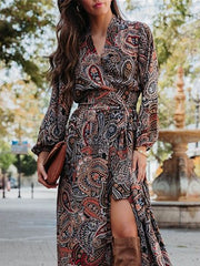Women's Casual Dress Ethnic Dress Swing Dress Floral Paisley Split Print V Neck Long Dress Maxi Dress Vintage Ethnic Outdoor Date Long Sleeve Loose Fit Navy Blue Spring Fall S M L XL XXL