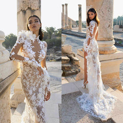 Hoobd Beautifully Elaborated Sheer Long Sleeves And High Collar Illusion Lace Applique Wedding Dress With High Side Slit