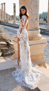 Hoobd Beautifully Elaborated Sheer Long Sleeves And High Collar Illusion Lace Applique Wedding Dress With High Side Slit