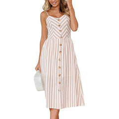 Hoobd Boho Sexy Floral Dress Summer Vintage Casual Sundress Female Beach Dress Midi Button Backless Polka Dot Striped Women Dress