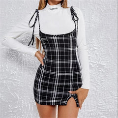Hoobd Fashion Women Dress Check Dog Tooth Frill Ruffle Pinafore High Waist Bodycon Party Mini Dress Holiday Casual Slim Dress vestidos