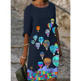 Hoobd Half Sleeved V Neck Printed Loose Dress Women's Fashion Casual Vintage Spring Autumn All-match Plus Size Beach Dresses Vestidos