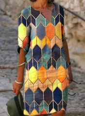 Hoobd Half Sleeved V Neck Printed Loose Dress Women's Fashion Casual Vintage Spring Autumn All-match Plus Size Beach Dresses Vestidos