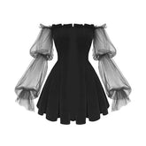 Gothic Sexy Dress Vintage Off Shoulder Lantern Sleeve Mesh Patchwork Velvet Mini Dress Dark Street Black Dress for Female
