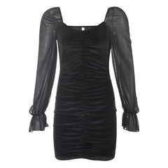 Gothic Sexy Dress Vintage Off Shoulder Lantern Sleeve Mesh Patchwork Velvet Mini Dress Dark Street Black Dress for Female
