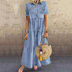 2023 Plus Size 3xl Women Summer Denim Dress Retro Women Short Sleeve Turn Down Collar Pockets Button Long Loose Denim Dress