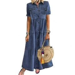 2023 Plus Size 3xl Women Summer Denim Dress Retro Women Short Sleeve Turn Down Collar Pockets Button Long Loose Denim Dress