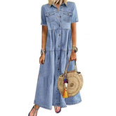 2023 Plus Size 3xl Women Summer Denim Dress Retro Women Short Sleeve Turn Down Collar Pockets Button Long Loose Denim Dress