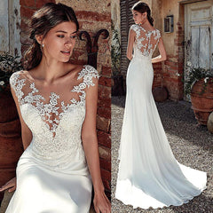 Hoobd The Sales Rack-Modest Soft Satin Bateau Neckline Mermaid Bridal Dress With Lace Appliques And Sheer Illusion Back