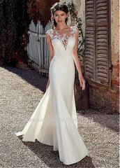 Hoobd The Sales Rack-Modest Soft Satin Bateau Neckline Mermaid Bridal Dress With Lace Appliques And Sheer Illusion Back