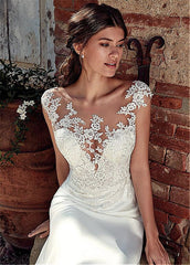 Hoobd The Sales Rack-Modest Soft Satin Bateau Neckline Mermaid Bridal Dress With Lace Appliques And Sheer Illusion Back