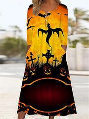 Women's Halloween Dress Casual Dress Print Dress Spring Dress Graphic Button Pocket Crew Neck Midi Dress Fashion Streetwear Outdoor Daily Long Sleeve Regular Fit Light Yellow Black Yellow
