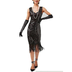 Women's Retro 1920s Fringe Dress Midi Dress Party Holiday Sequins Tassel Fringe Geometric V Neck Sleeveless Regular Fit Spring Fall 2023 Silver Black XS S M L